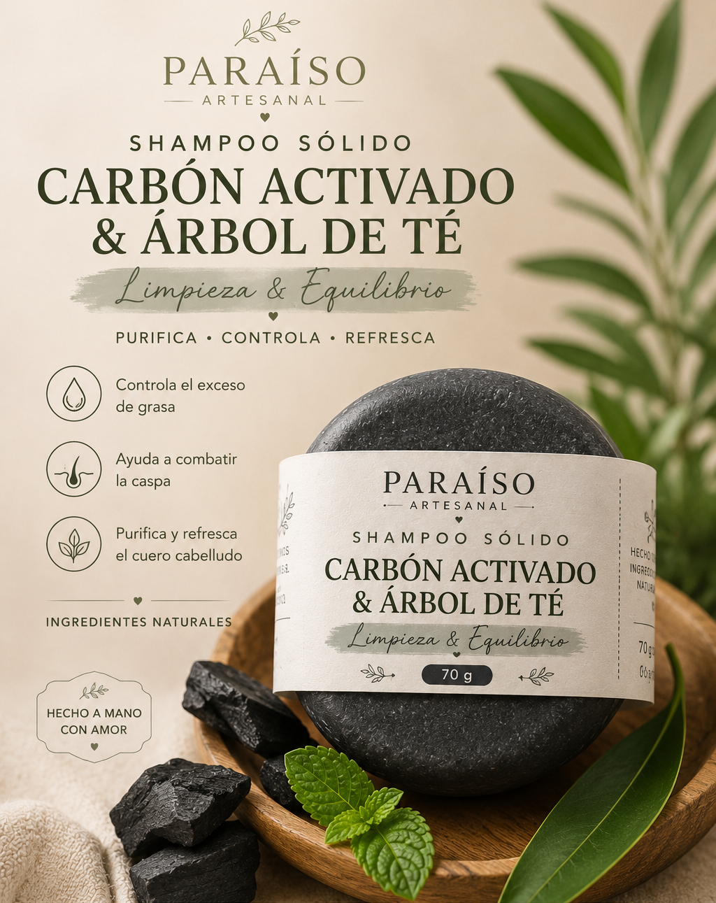 Shampoo Sólido Purificante Carbón Activado & Árbol de Té